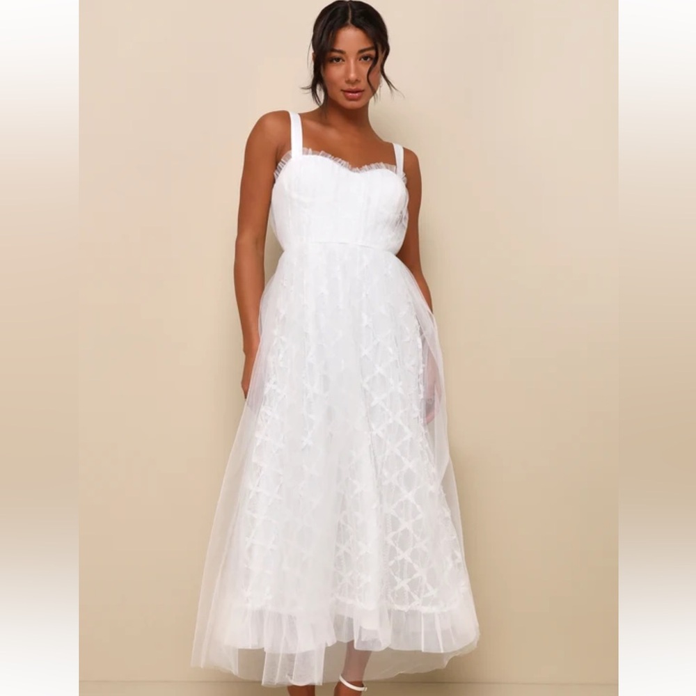 Ethereal Impression White Tulle Ruffled Bustier Midi Dress
Lulus